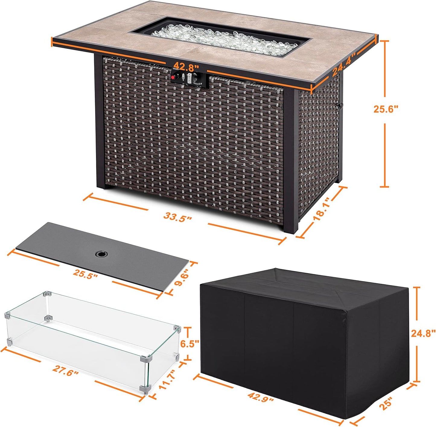 Nuu Garden Outdoor 43" 50,000 BTU Propane Gas Fire Pit Table, Ceramic Tabletop and Rattan Weaved Iron Frame, Water-Proof Oxford Cover, Glass Wind Guard, Glass Beads, Lid Included, Dark Brown & Coffee
