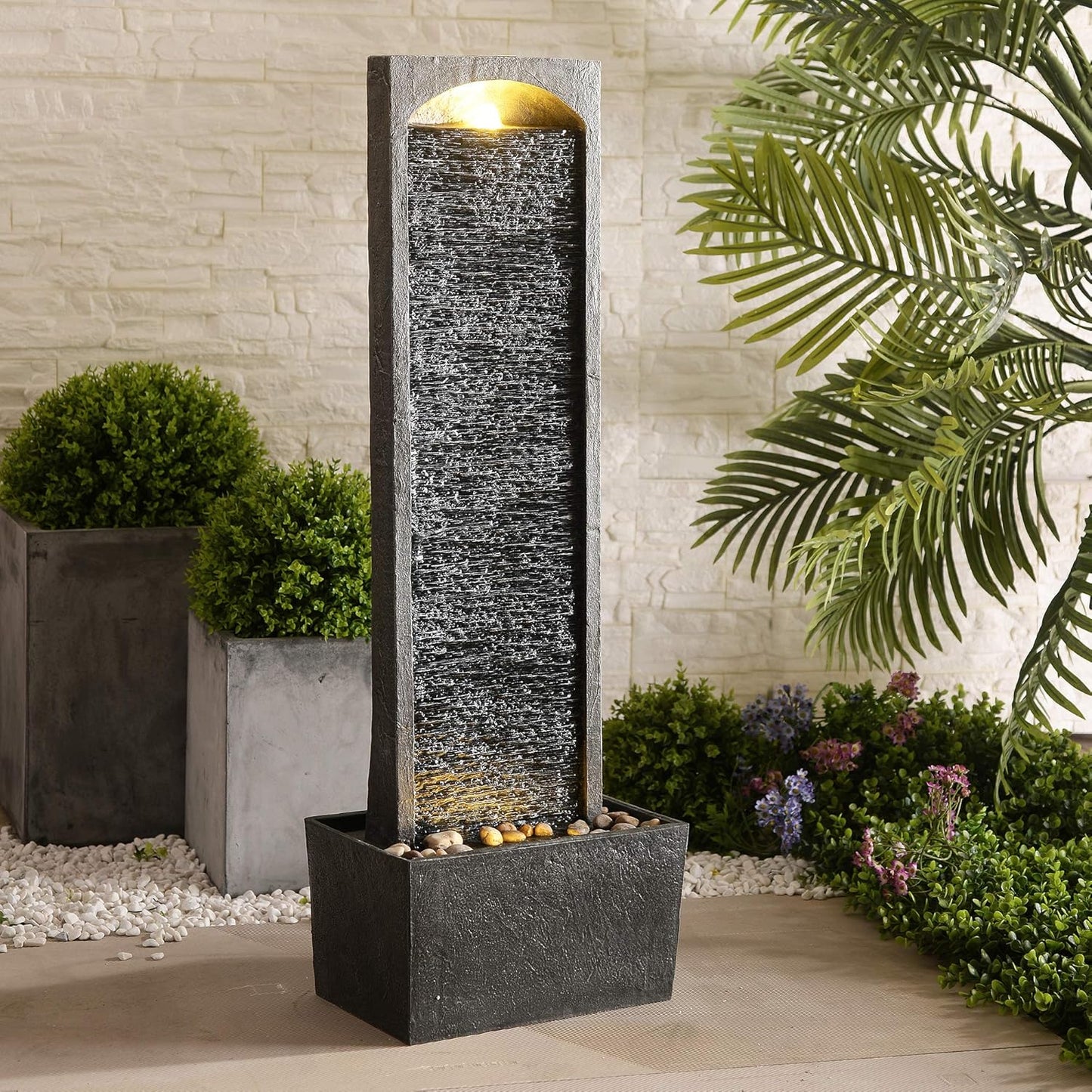 Teamson Home 38.5" Faux Slate Contemporary Outdoor LED Waterfall Fountain with Pebble Base, Gray/Black