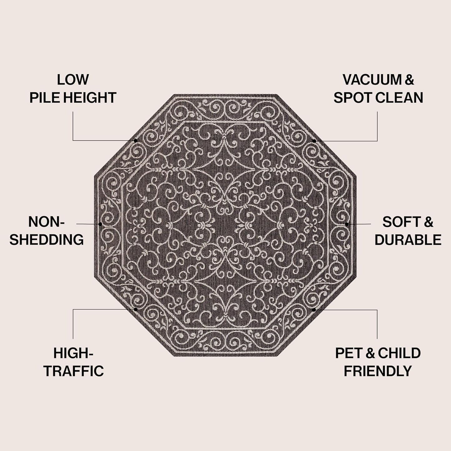 JONATHAN Y SMB106G-8TGN Charleston Vintage Filigree Textured Weave Black/Gray 8' Octagon Indoor/Outdoor Area Rug, Non-Shedding, Stain Resistant,Fade Resistant, Easy-Cleaning for Backyard Patio, Porch