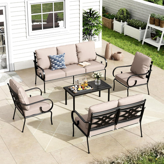 MFSTUDIO 7 Seats Large Metal Patio Conversation Sets, 5 Pieces Outdoor Furniture Sofa with 2 Fixed Chairs, 1 Sofa(3-seat), 1 Loveseat and Table for Outside Balcony Backyard Poolside