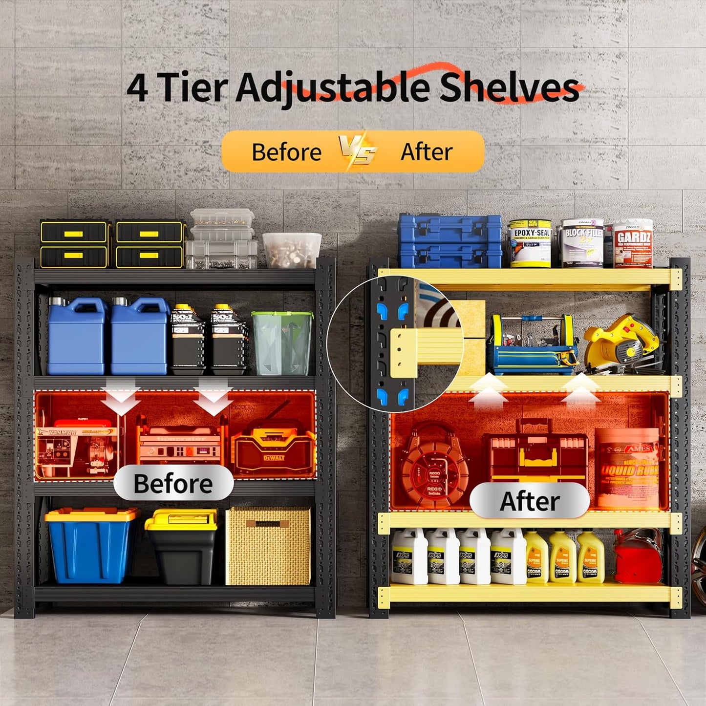 Garage Shelving Unit, 4 Tier Heavy Duty Racks, Easy Assembly, Metal Racks with Adjustable Shelves, 3000 LBS Load Capacity,for Warehouse,Basement (Black, 23.6" D x 47.2" W x 78.7" H)