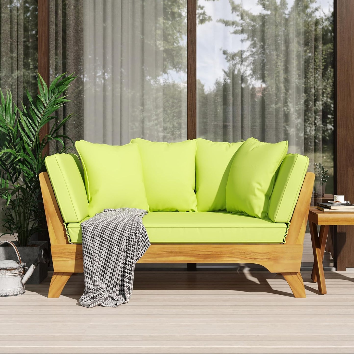 Outdoor Adjustable Patio Wooden Serene Daybed Sofa Chaise Lounge with Cushions for Small Places, Sleeper Chair with Armrest for Backyard, Poolside (Green)