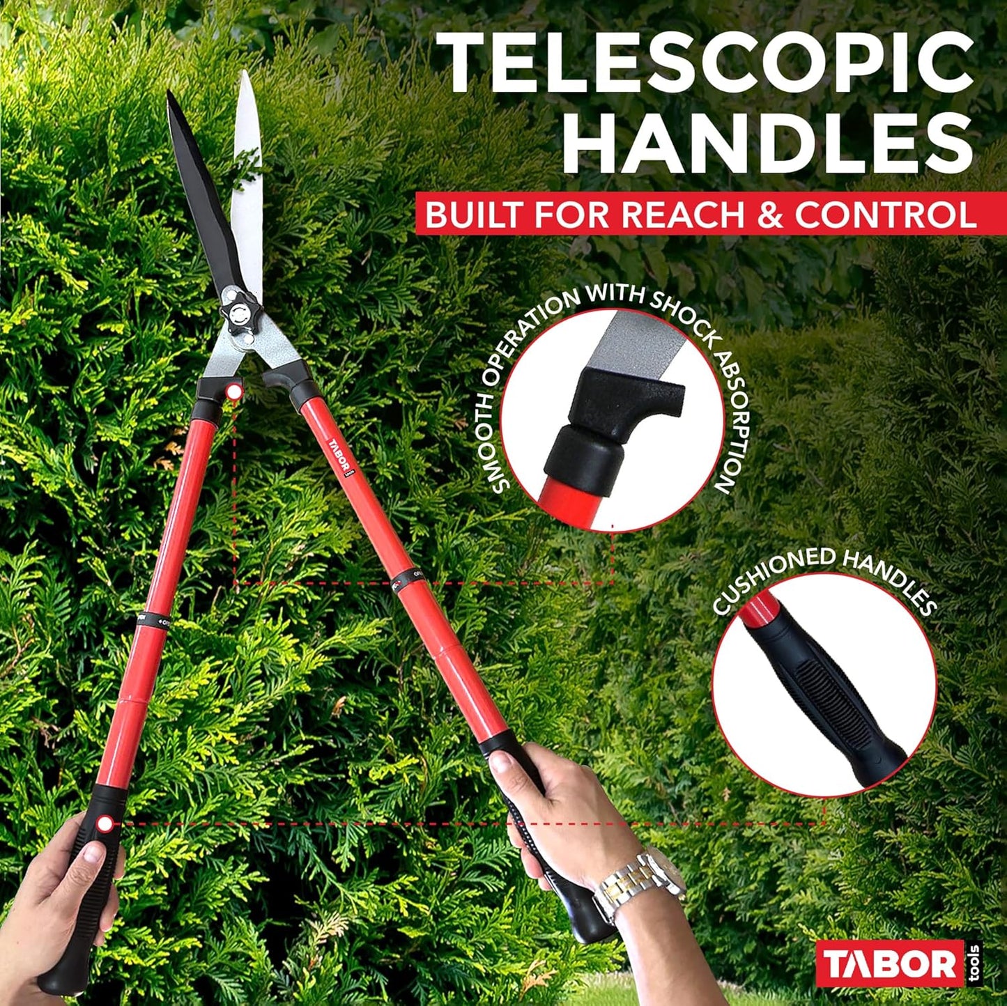 TABOR TOOLS B212A Telescopic Hedge Shears with Wavy Blade and Extendable Steel Handles. Extendable Manual Hedge Clippers for Trimming Borders, Boxwood, and Tall Bushes.