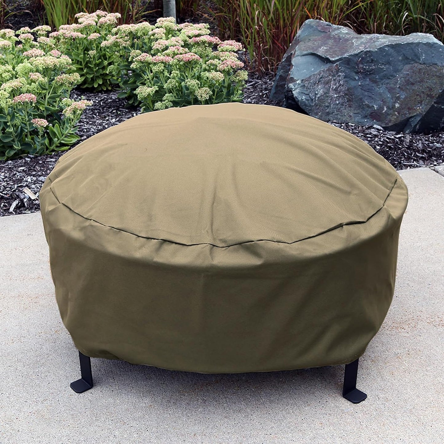 Sunnydaze Round Outdoor Fire Pit Cover - Heavy-Duty 300D Polyester and PVC with Drawstring Closure - Khaki - 36-Inch