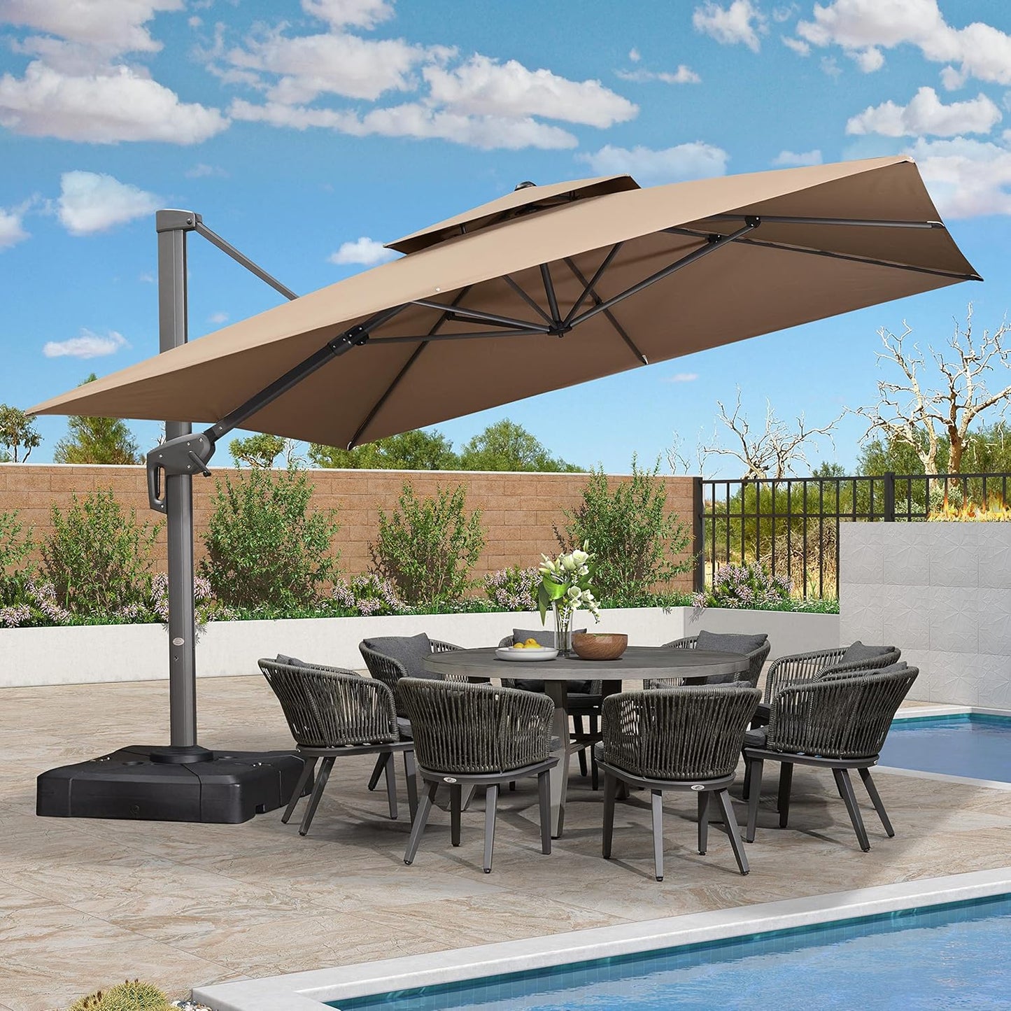 PURPLE LEAF 12FT Cantilever Outdoor Umbrellas Large Patio Umbrella Hanging Double Top Square Offset Umbrella with 360°Rotation Tilting Umbrella Outdoor Patio, Taupe