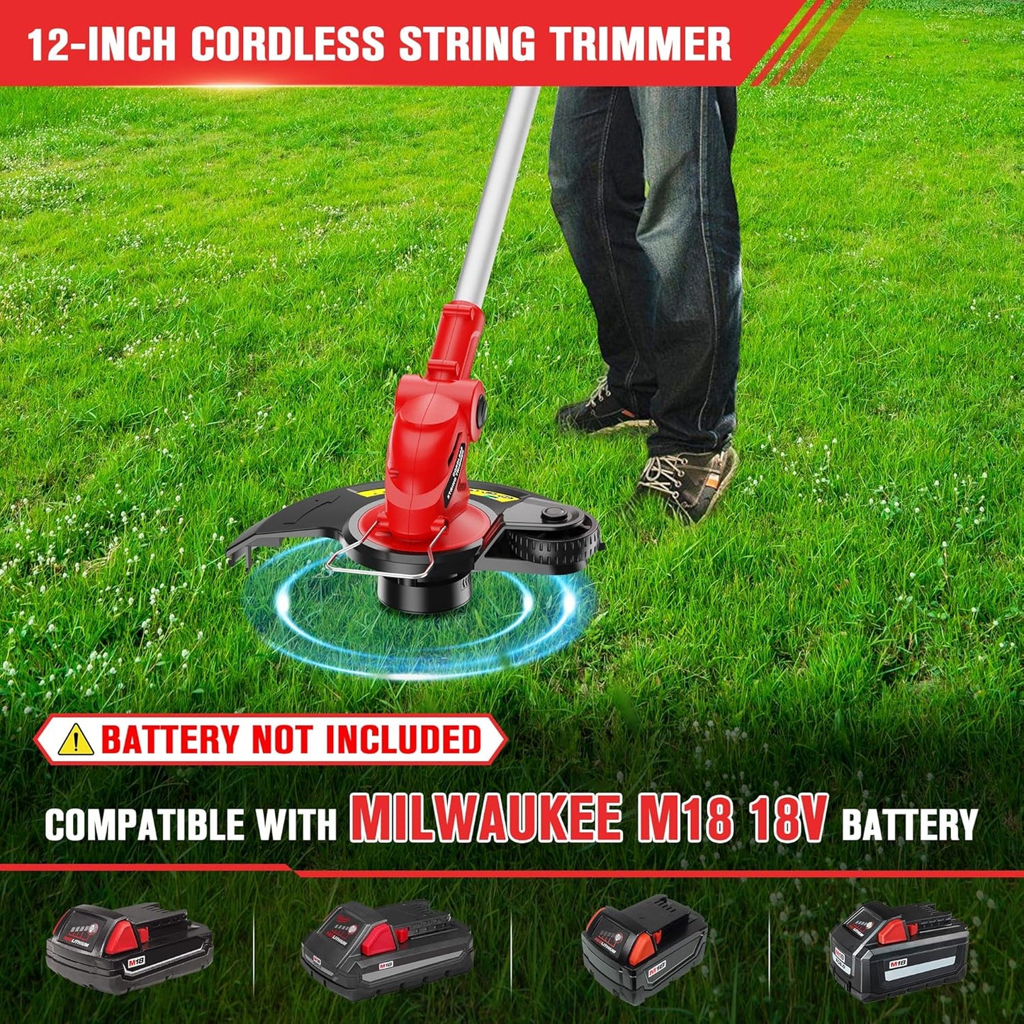 Cordless String Trimmer Compatible with Milwaukee M18 18V Battery, 12-Inch Weed Wacker Cordless, Auto Line Feed, Electric Weed Eater Battery Powered, Grass Trimmer w/ 6 Line Spools (Tool Only)
