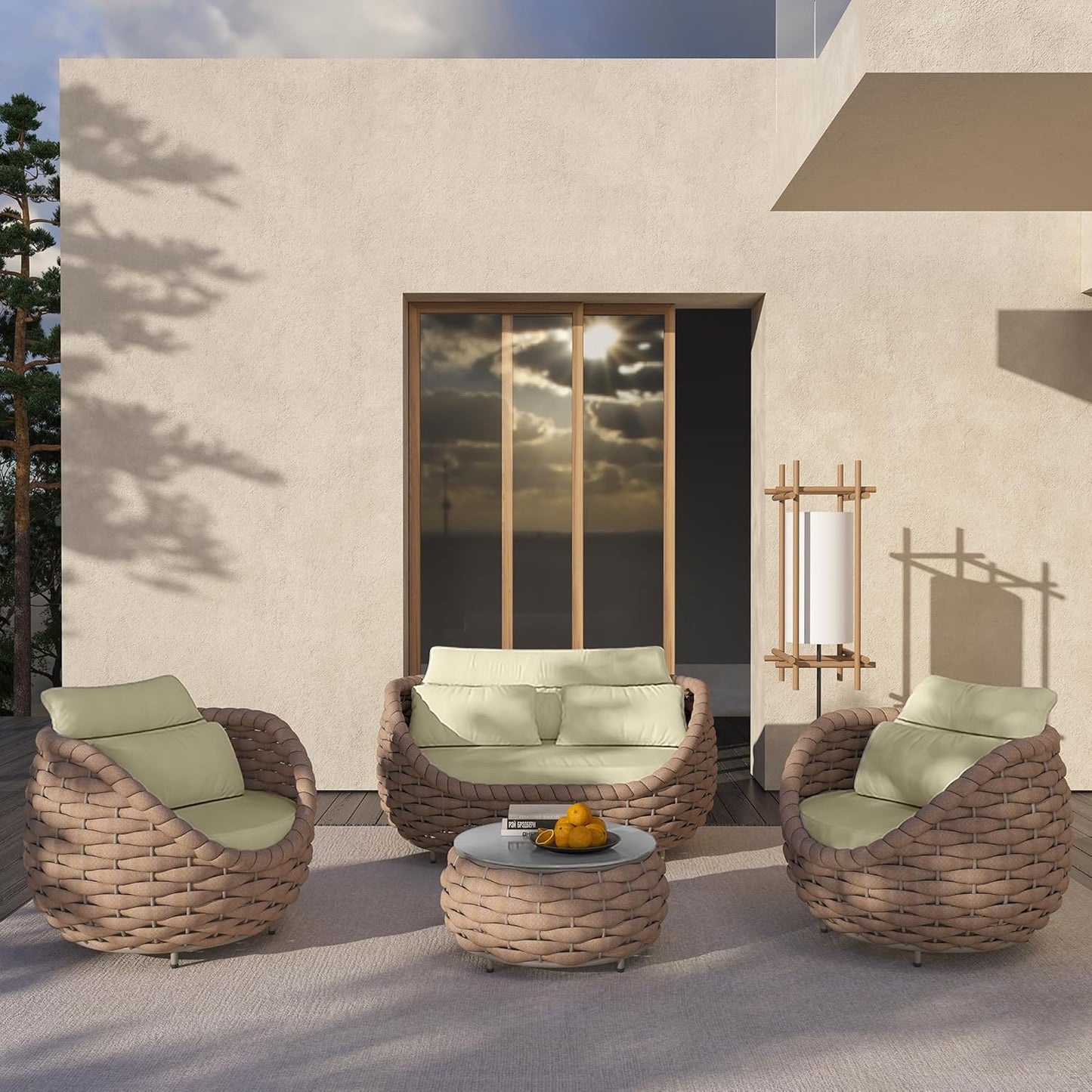 5 Pieces Patio Furniture Set, Outdoor Rope Conversation Sectional Patio Sofa with 5 Seater for Backyard, Porch, Modern Armchairs with Thickness Cushions and Side Table, Light Brown