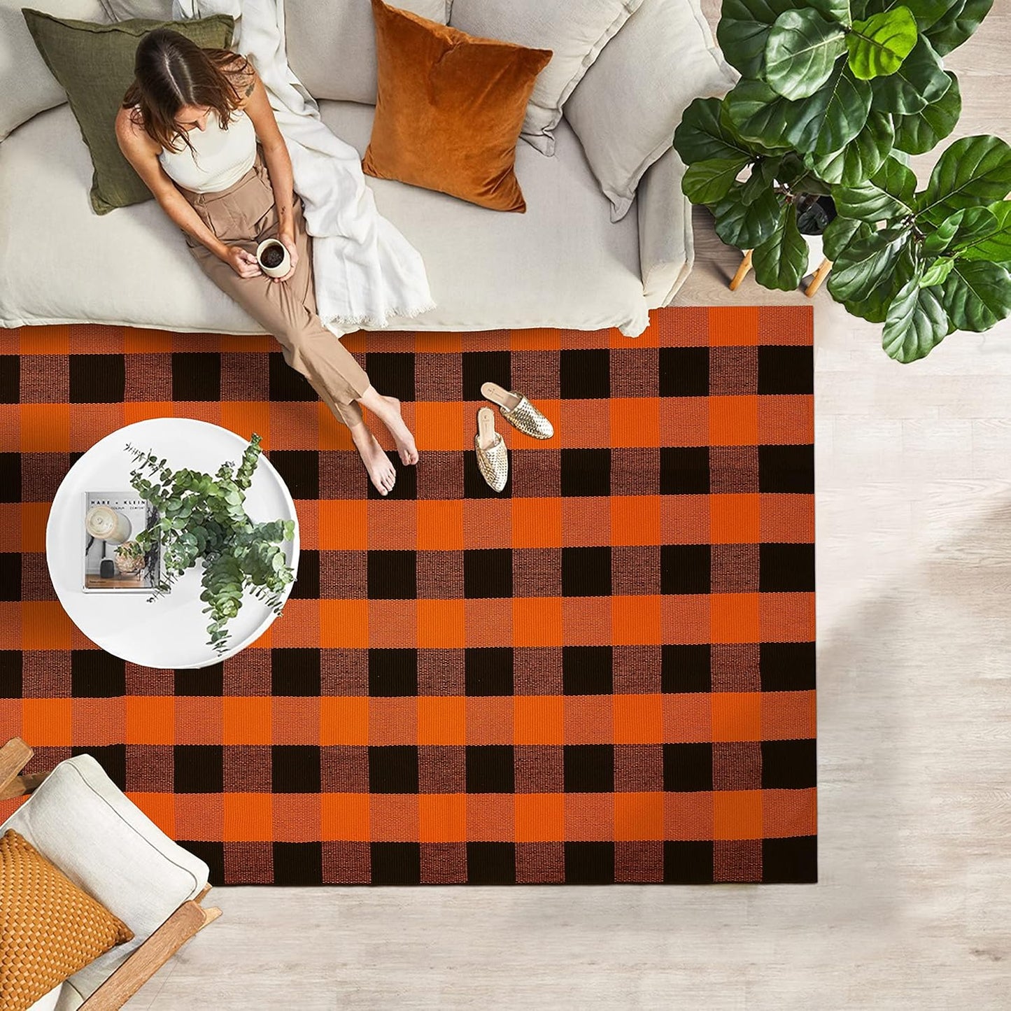 IOHOUZE Fall Buffalo Plaid Check Rug Outdoor Doormat 4x6 Ft Washable Woven Outdoor Indoor Welcome Mats for Front Door/Farmhouse/Entryway/Home Entrance Black and Orange Outdoor Rug