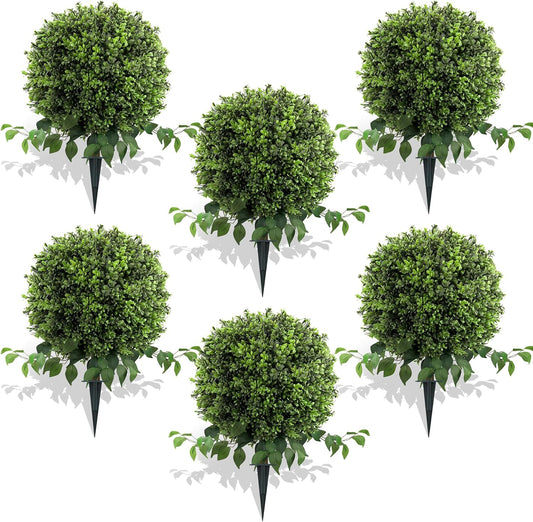 28" Artificial Boxwood Ball Bush, UV Resistant Topiary Tree Faux Boxwood Ball Shaped Porch Bushes with Ground Spike Artificial Bushes for Outdoors Front Door Decor Home Garden (6, Green)