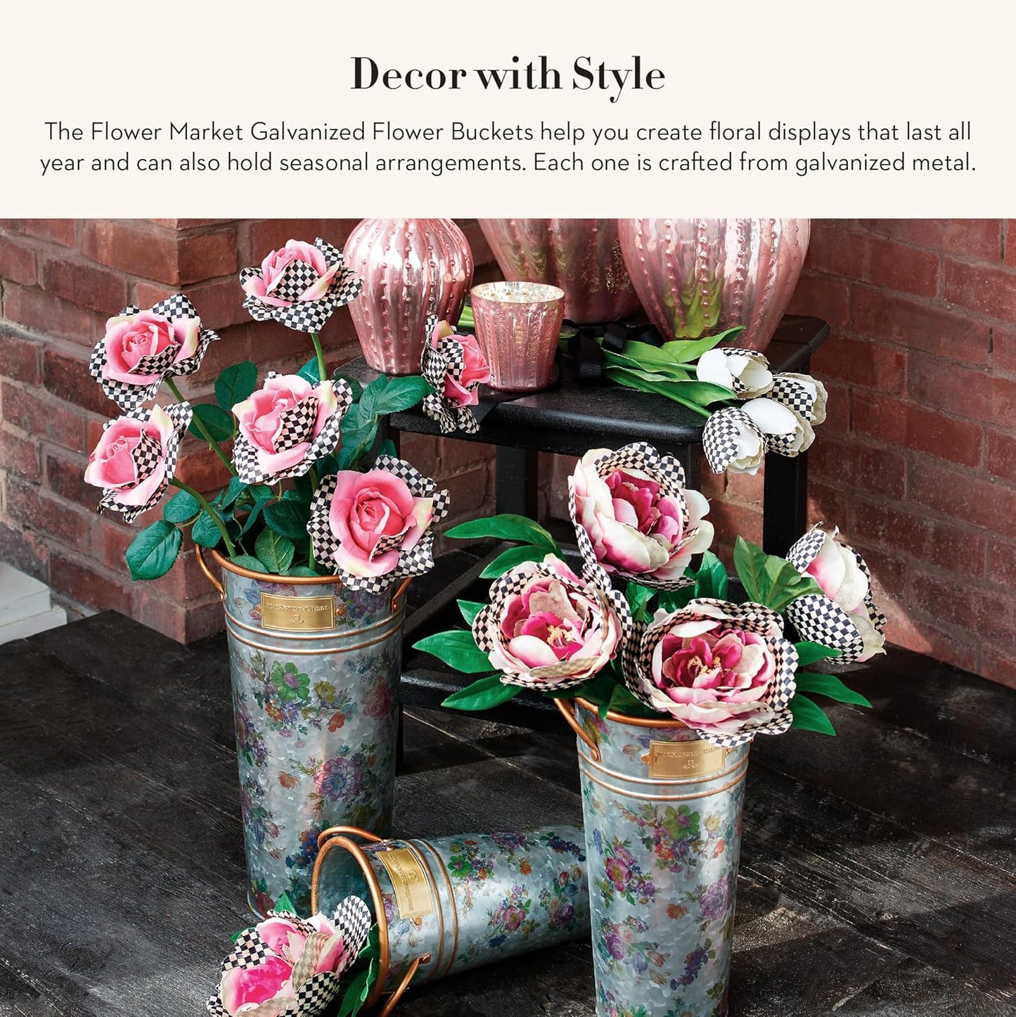 MACKENZIE-CHILDS Galvanized Flower Buckets, Decorative Metal Buckets, Flower Market, Set of 3