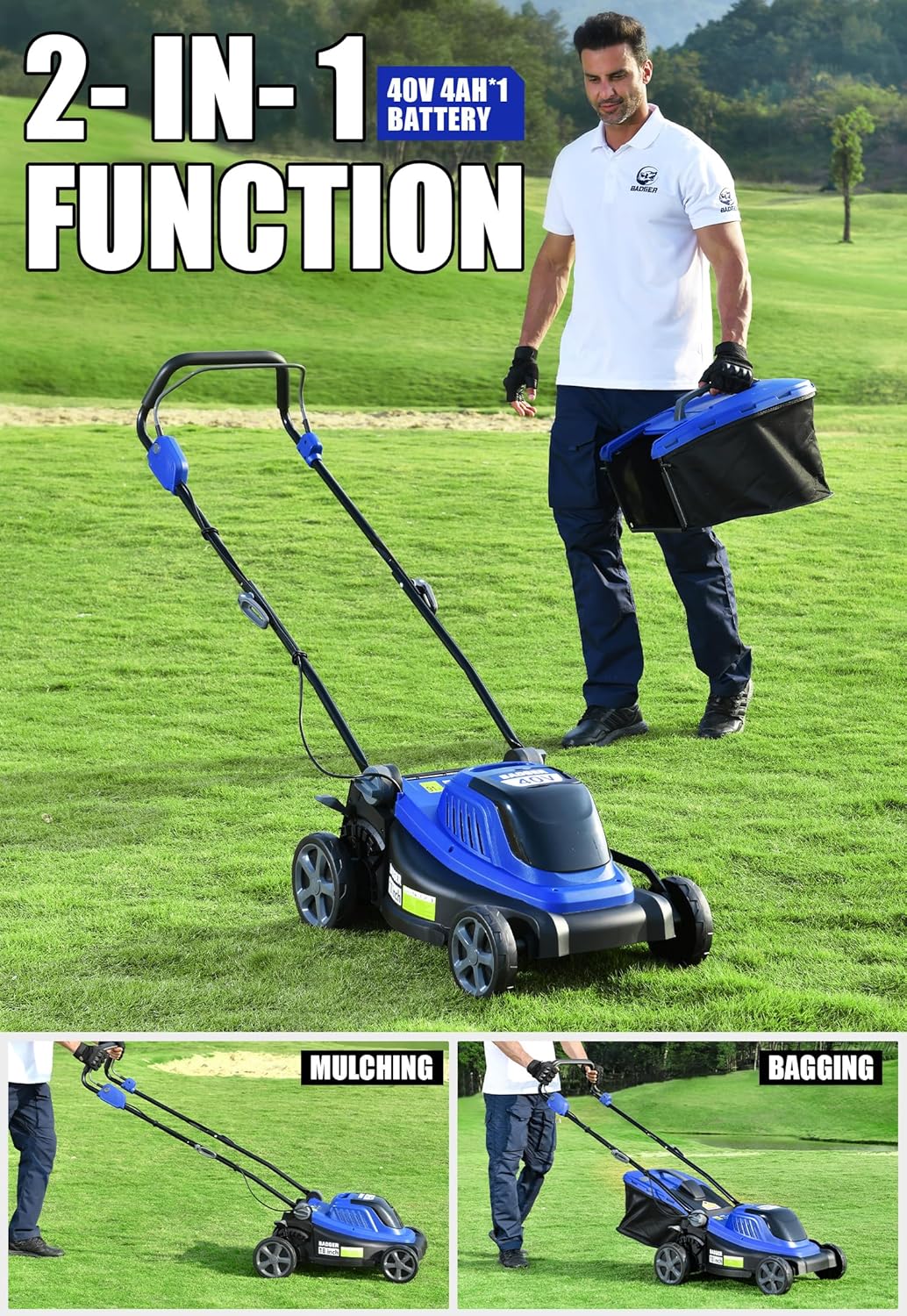 WILD BADGER POWER Lawn Mower 40V Brushless 18" Cordless, 5 Cutting Height Adjustments Electric Lawn Mower, Quickly Folding Within 5’s, 4.0AH Battery and Super Charger Included.