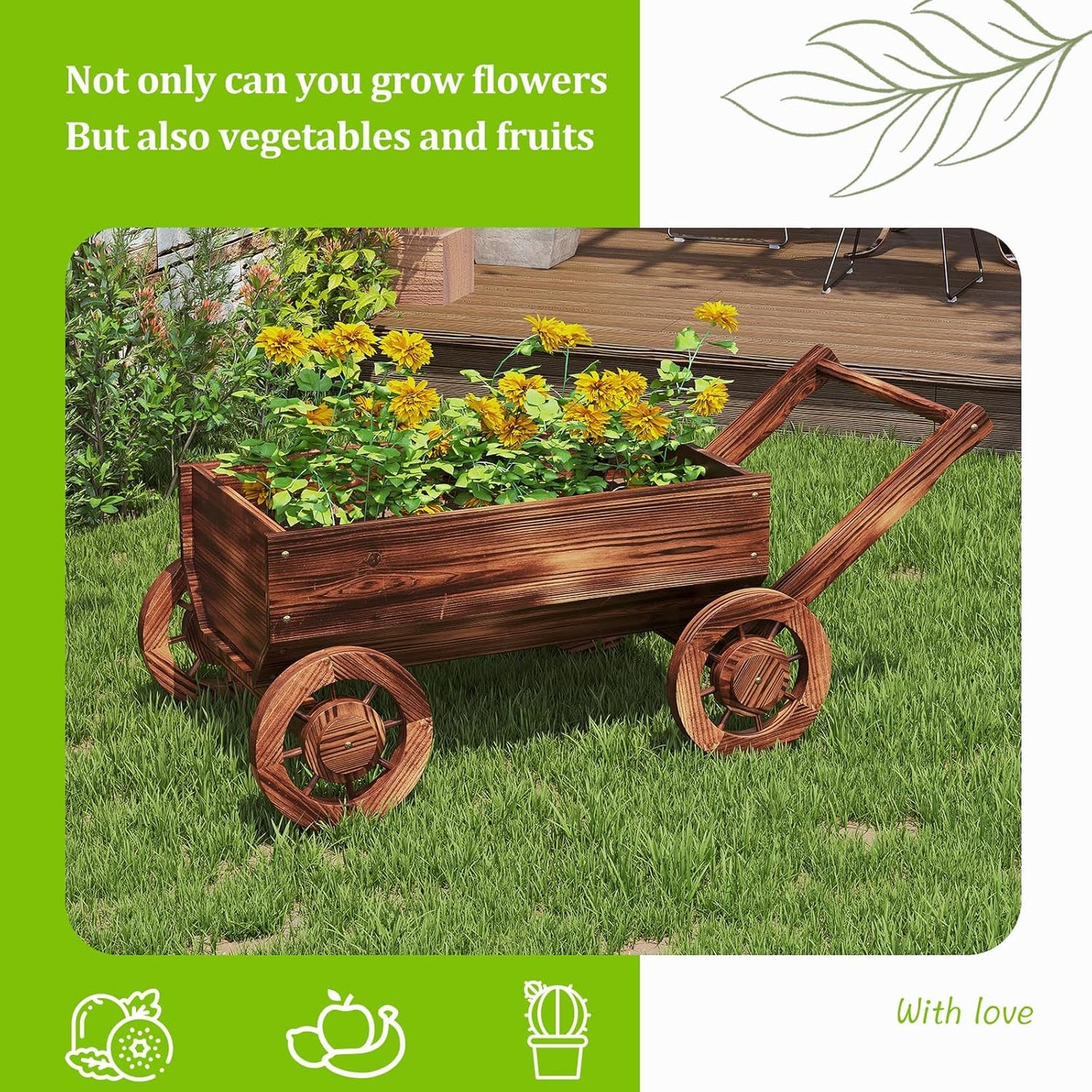 Wooden Flower Cart with Wheels Wooden Wagon Planter Outdoor Garden Planter Decor Planter for Patio Balcony Trolley Decoration Succulent Flower Pot, Indoor Backyard Balcon Decor.（L）