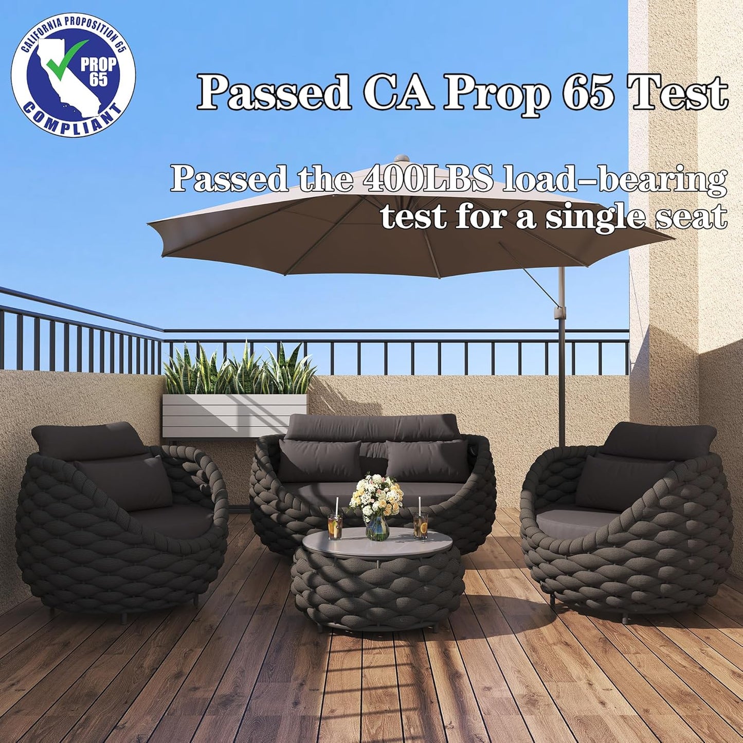 6 Pieces Patio Furniture Set, Outdoor Rope Conversation Sectional Patio Sofa with 6 Seater for Backyard, Porch, Modern Armchairs with Thickness Cushions and Side Table, Dark Grey