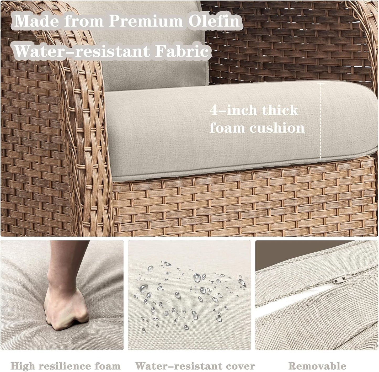 5 Pieces Patio Furniture Sets Wicker Outdoor Furniture, Rattan Patio Swivel Glider Chairs with 2 Ottoman and Glass Side Table, Yellow Wicker