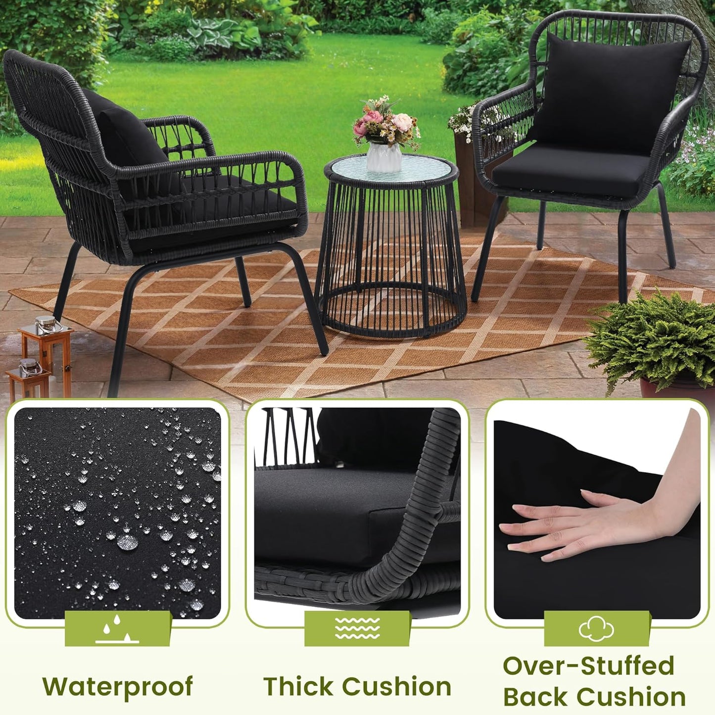 3 Pieces Rattan Wicker Bistro Set, Outdoor Conversation Set, Wicker Furniture Set with Glass Top Table, Space Saving for Balcony, Backyard, Black