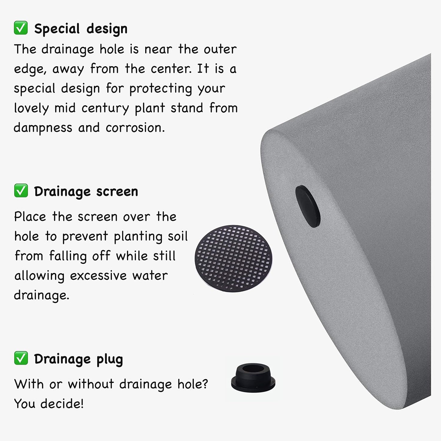 FaithLand Plant Pot 8 inch - Perfectly Fits Mid-Century Modern Plant Stand - Drainage Plug and Drainage Mesh Screen - Gray Planter Pot