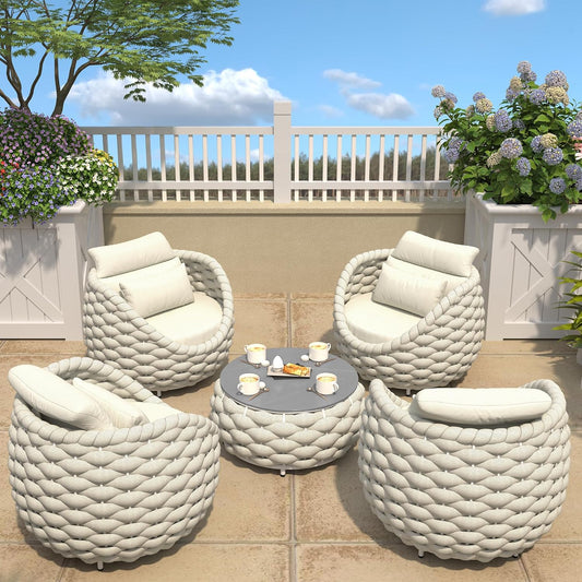 TWT 5-Piece Aluminum Patio Furniture Set, Olefin Armchairs with Coffee Table, Metal Sofa Set for Deck, Porch, Balcony, Indoor, Cream
