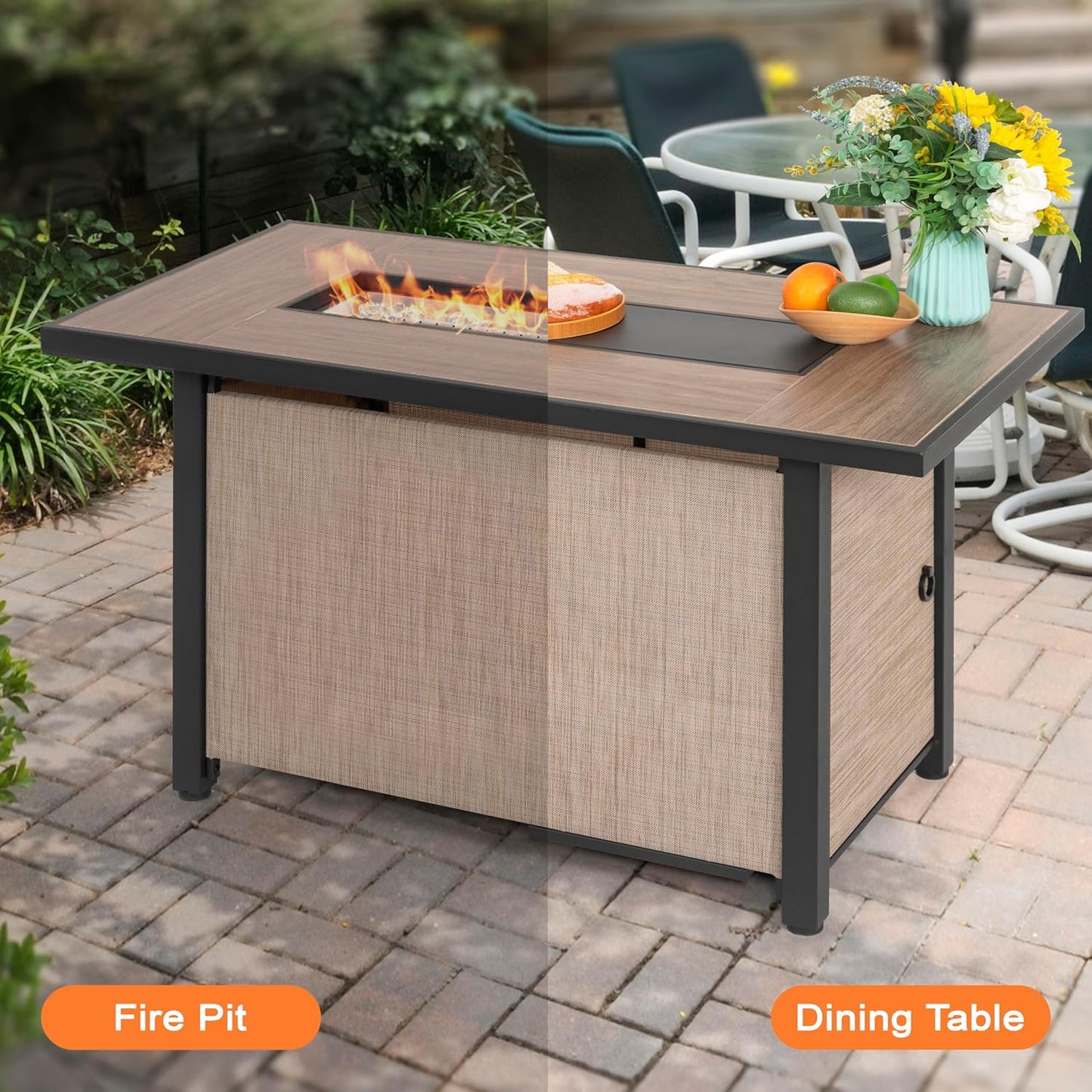 Nuu Garden 43" Propane Fire Pit Table, CSA-Listed Outdoor 50,000 BTU Gas with Lid and Glass Beads, 2-in-1 Rectangular for Outside Backyard Patio, Light Brown