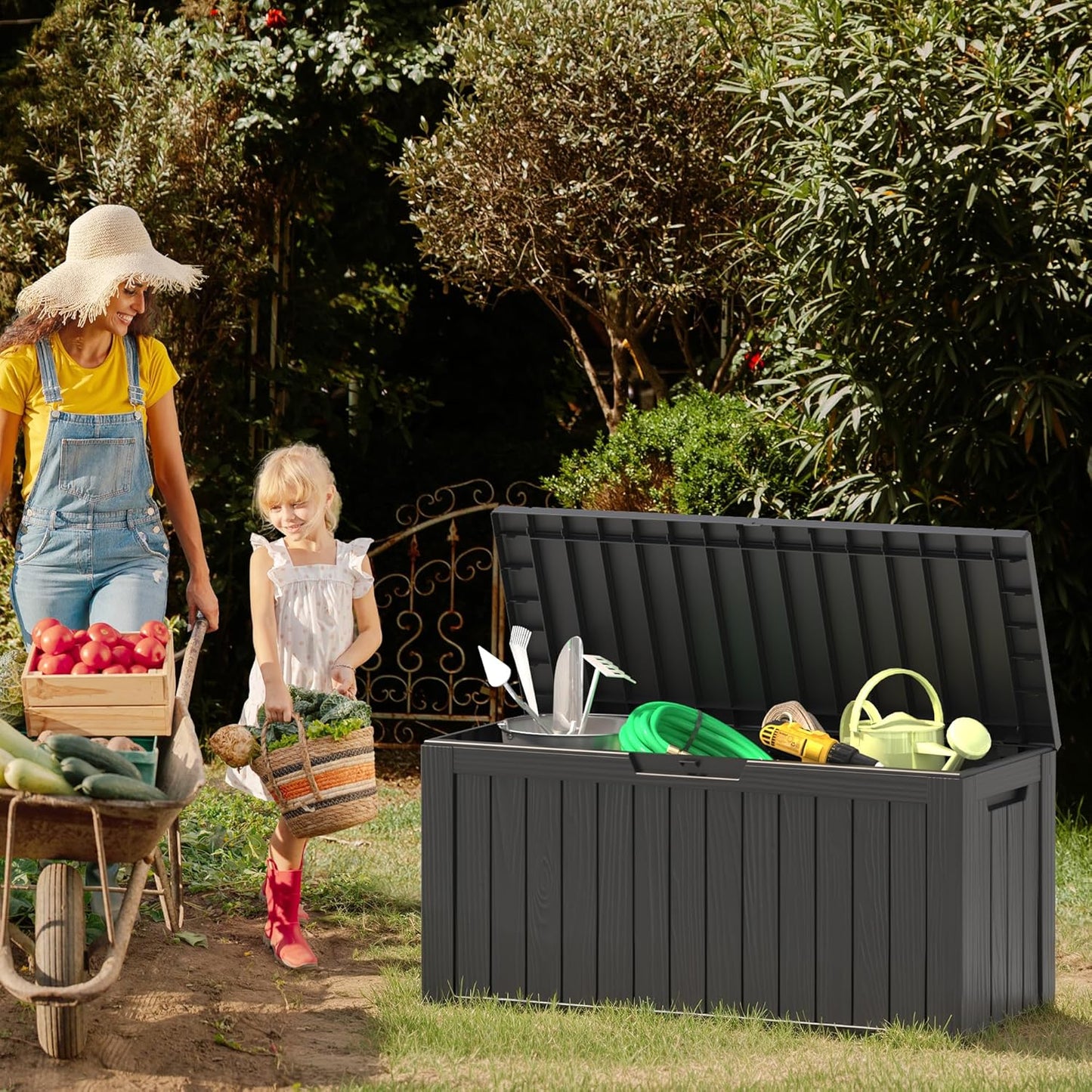 NUNU LAB 75 Gallon Outdoor Storage Box,Large Resin Sturdy Deck Box, Backyard Outside Storage Box Waterproof with Double Wall Panels,Package Delivery Garden Hose Storage Bin Outdoor Tool