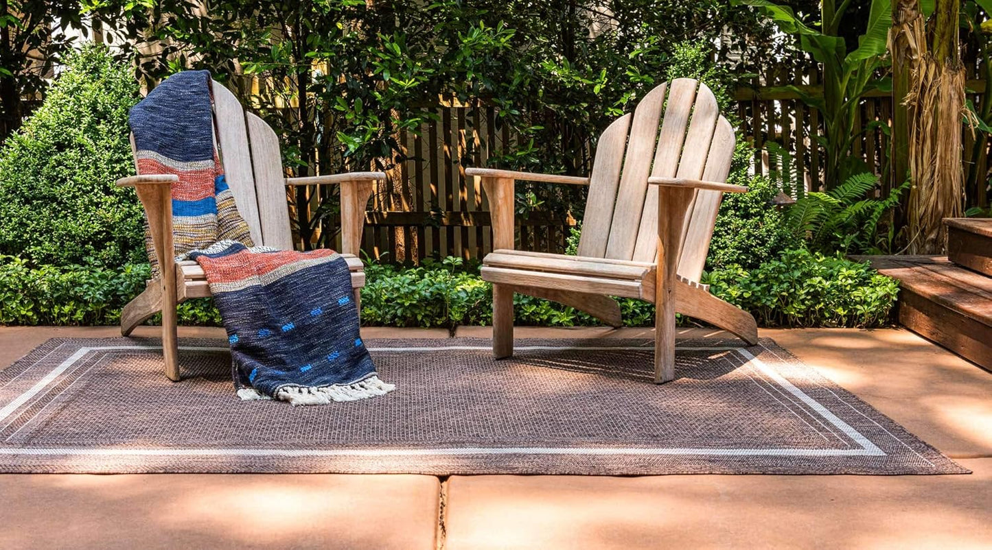 Unique Loom Outdoor Border Collection Area Rug - Soft Border (8' x 11' 4" Rectangle, Brown/ Ivory)