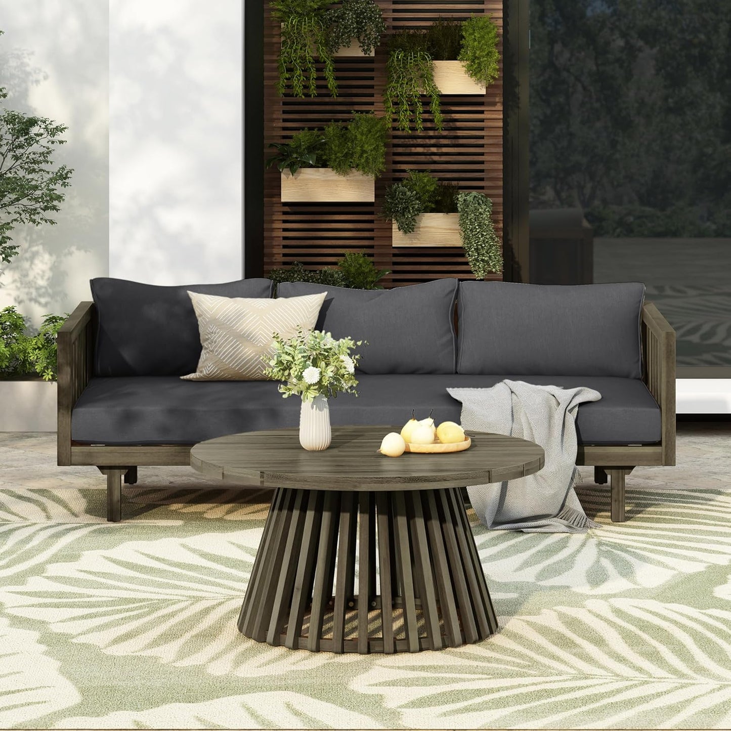 Christopher Knight Home Claremont Patio Sofa and Coffee Table Set, 2 Piece Outdoor Patio Furniture Set with Cushion, Acacia Wood 3 Seater Outdoor Sofa Daybed and Coffee Table Set, Dark Grey+Grey