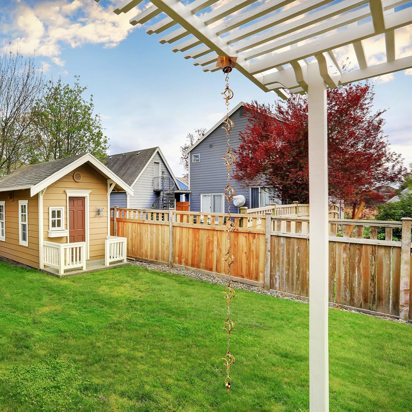 Rain Chain Bird Cage Set 8.5Ft, Not Rust Wrought Iron Rain Chains for Gutters with Adapter Gotta Drain and Rain Sturdy Anchoring Stake,13 Birdcage, 1 Hook, Adjustable Length for Garden (Gold)