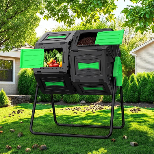 Compost Bin Outdoor, 45Gallon Dual Chamber Composter Large Composting Bin, 360° Rotating Compost Bin, BPA-Free Fast-Working Tumbling Compost Barrel, Kitchen Garden Composter Tumbler (Green)