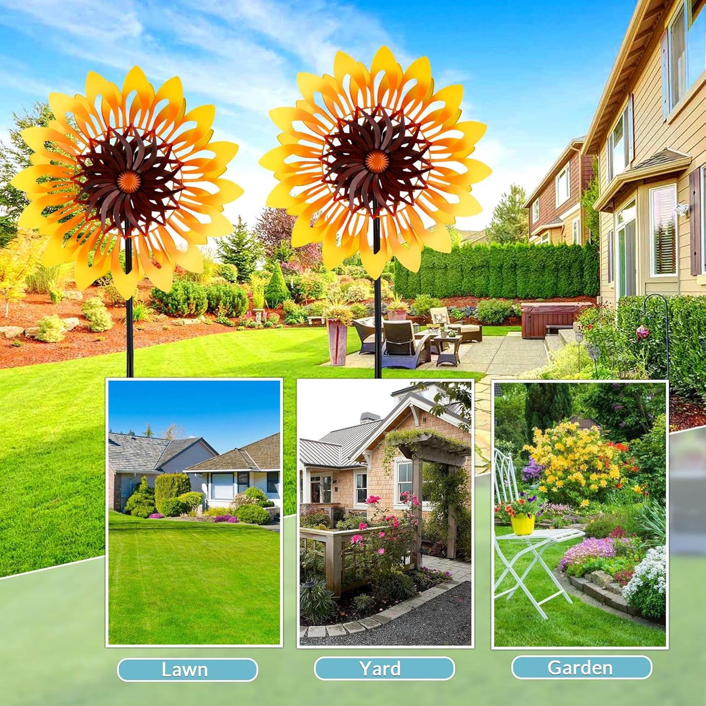 Sunflower Wind Spinners, 360 Degrees Swivel Metal Wind Sculptures, 76" Large Garden Pinwheels for Yard Lawn Patio Decor