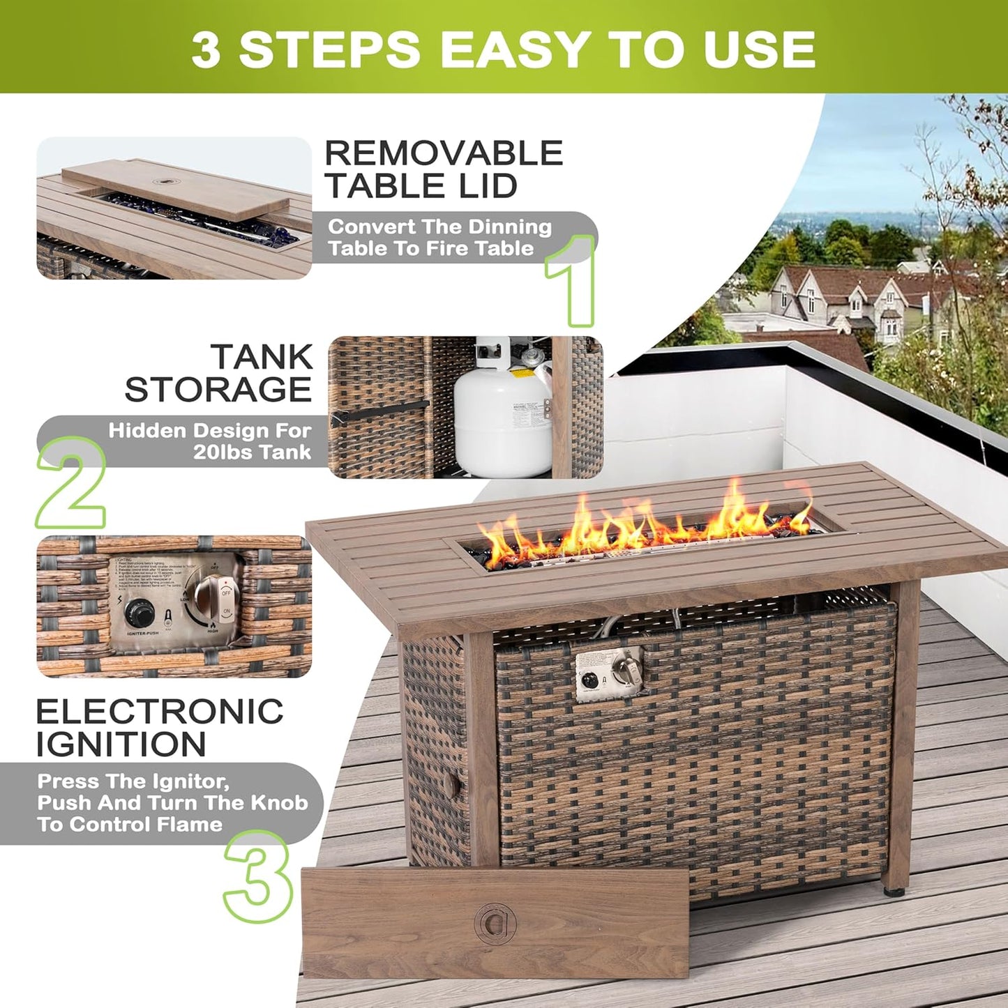 Nuu Garden 43 Inch Propane Fire Pit, CSA-Listed Outdoor Fire Pit Table, 50000 BTU Gas FirePit with Lid, Glass Wind Guard, Glass Beads, 2-in-1 Rectangular FirePit for Outside Backyard, Brown