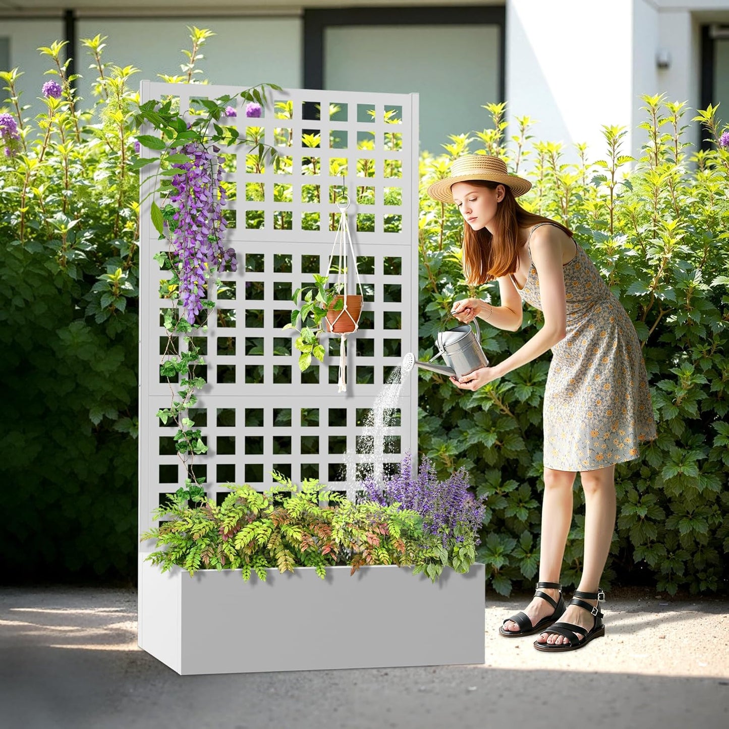 Metal Planter Box with Trellis, Heavy-Duty Raised Garden Bed for Climbing Plants, Drainage Hole, Outdoor Planter Box with Privacy Screen，35''L×16''W×71''H