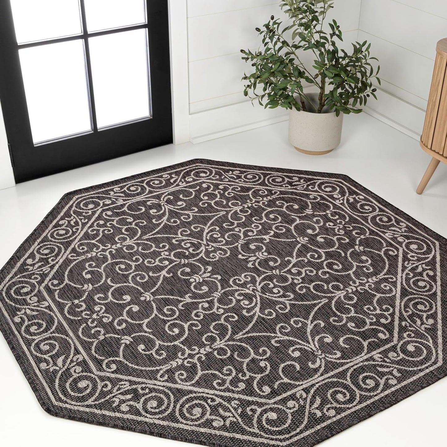 JONATHAN Y SMB106G-8TGN Charleston Vintage Filigree Textured Weave Black/Gray 8' Octagon Indoor/Outdoor Area Rug, Non-Shedding, Stain Resistant,Fade Resistant, Easy-Cleaning for Backyard Patio, Porch