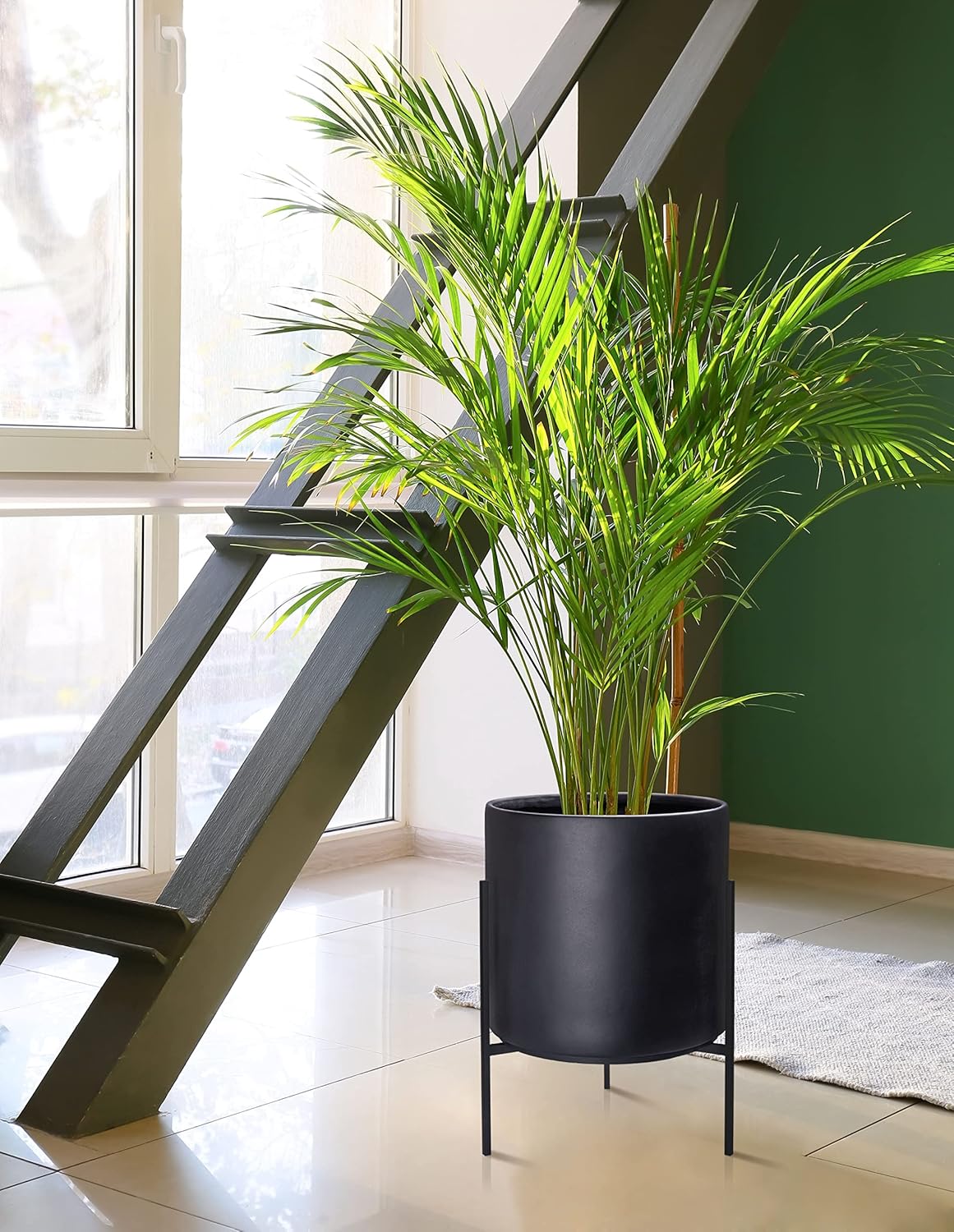 D'vine Dev Modern Black Plants Pot Cylinder Planter with Heavy Duty Stand, Large 12 Inch Pot, 17.6 Inch with Stand Height, 96-T-B-3