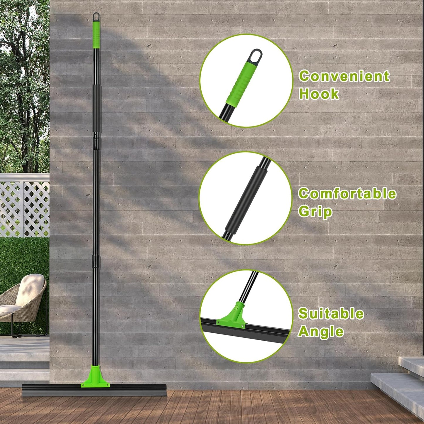 Rubber Floor Squeegee with 24” Heavy Duty Silicone Rubber Scraper Head and 60” Long Adjustable Handle, Shower Squeegees for Concrete Floor, on Multi-Surface Tile Glass Pool Garage Cleaning