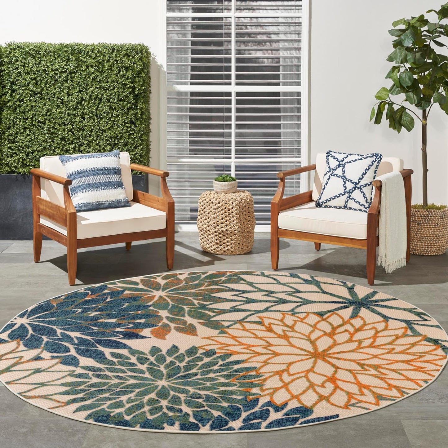 Nourison Home Aloha Tropical Blue Green 5'3" x Round Area -rug, Easy -cleaning, Non Shedding, Bed Room, Living Room, Dining Room, Kitchen (5 Round)