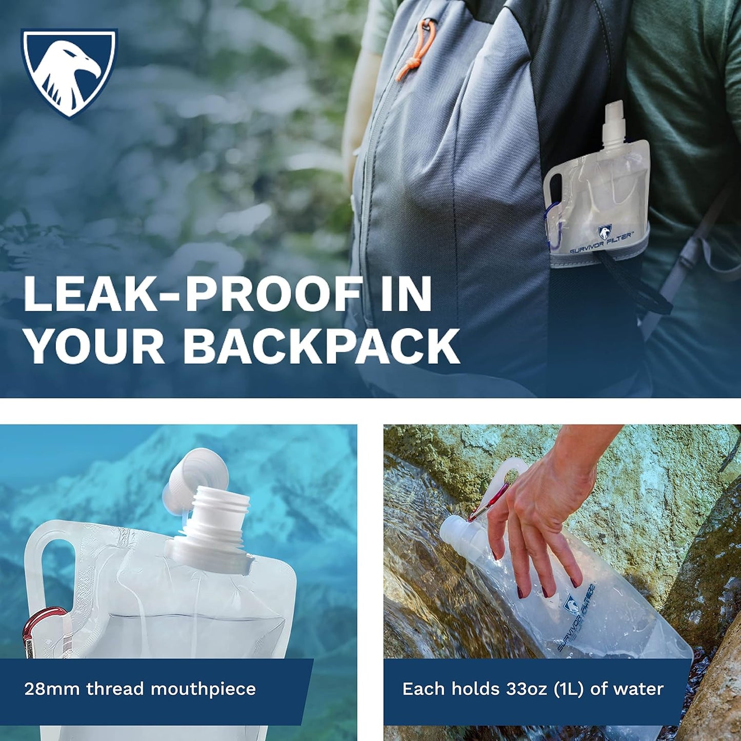 Survivor Filter Collapsible Water Bottles, Canteens (32oz) 2 Pack (2L Total) - Durable Carabiners and Handles. Squeeze Water through a Filter or Use as Water Bottles