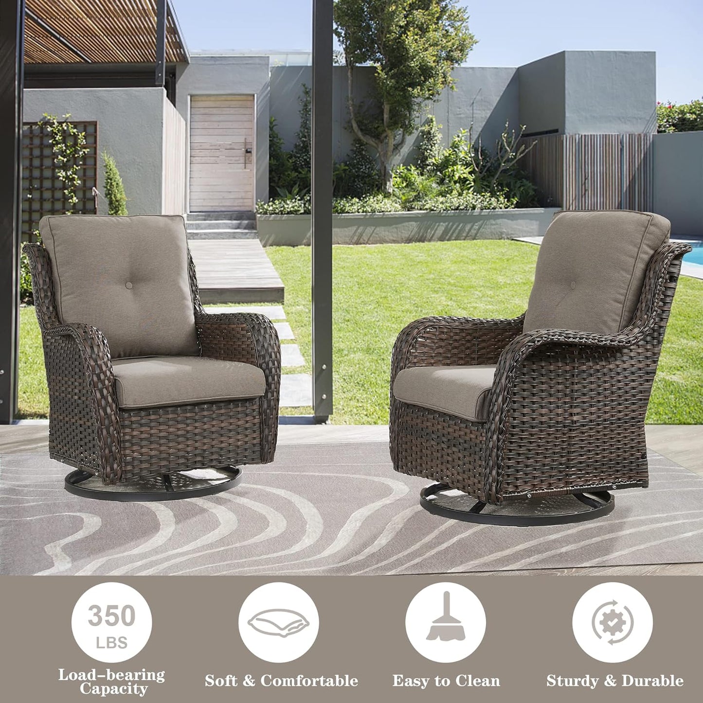 5 Piece Outdoor Patio Furniture Set - Wicker Furniture Patio Conversation Set, Outdoor Swivel Rocker Chairs with Loveseat Sofa and 2 Ottomans for Small Space, Gray Cushion