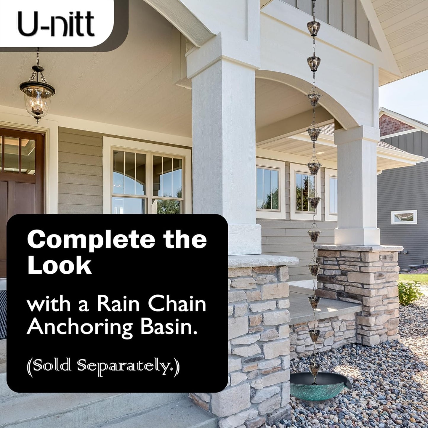 U-nitt Rain Chain Water Collection for Gutters, Rainwater Catcher & Diverter, 8.5 FT Chains for Outside Garden, Sunflower Cups, Roof Downspout, Works with Heavy Rain, w/Gutter Clip for Rainchains