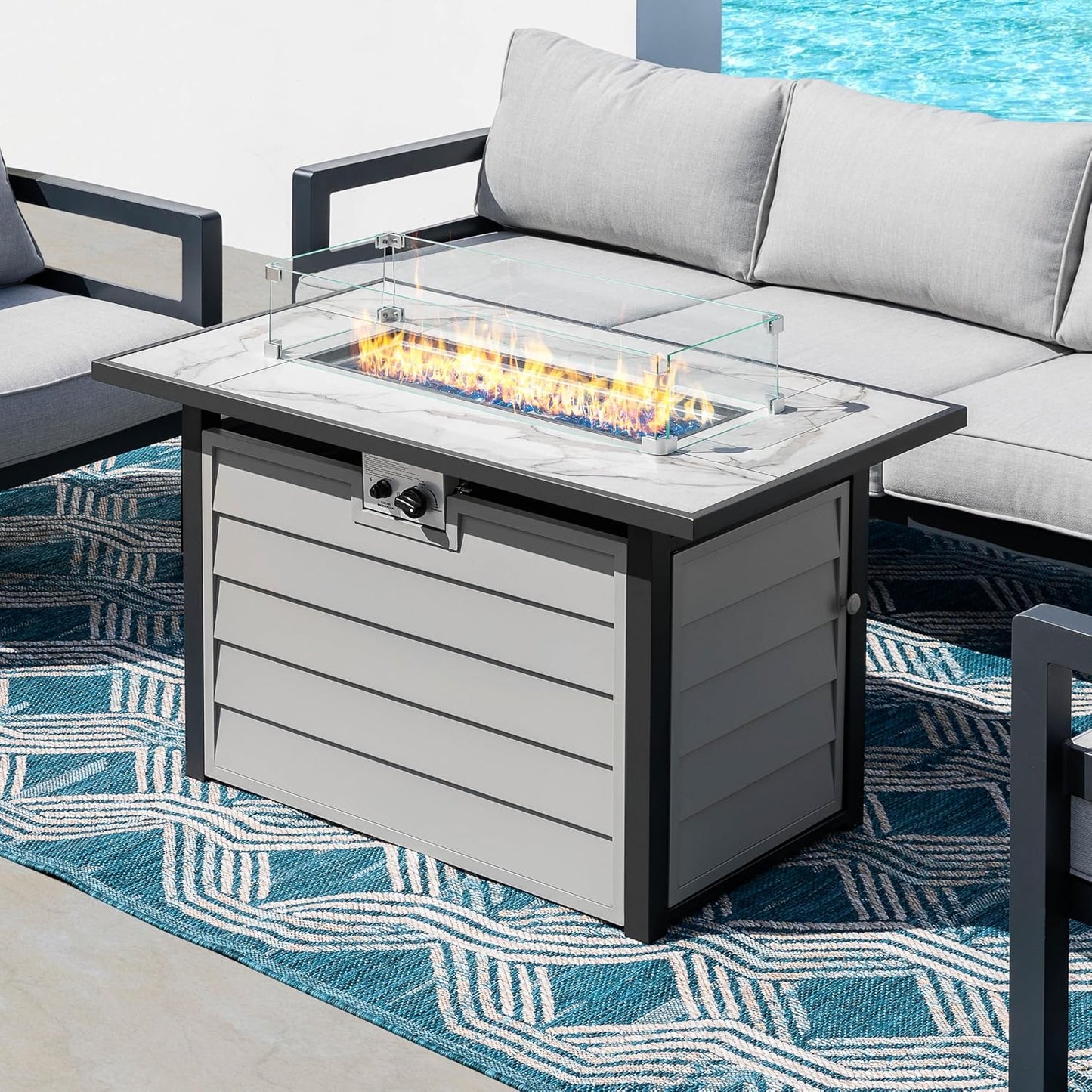 Nuu Garden 43'' Patio Propane Fire Pit Table, 50,000 BTU Gas Fire Pit with Marble-Textured Glass Top, Wind Guard, Lid, Glass Beads, CSA-Certified, 2-in-1 Outdoor Table for Gatherings, Ivory White
