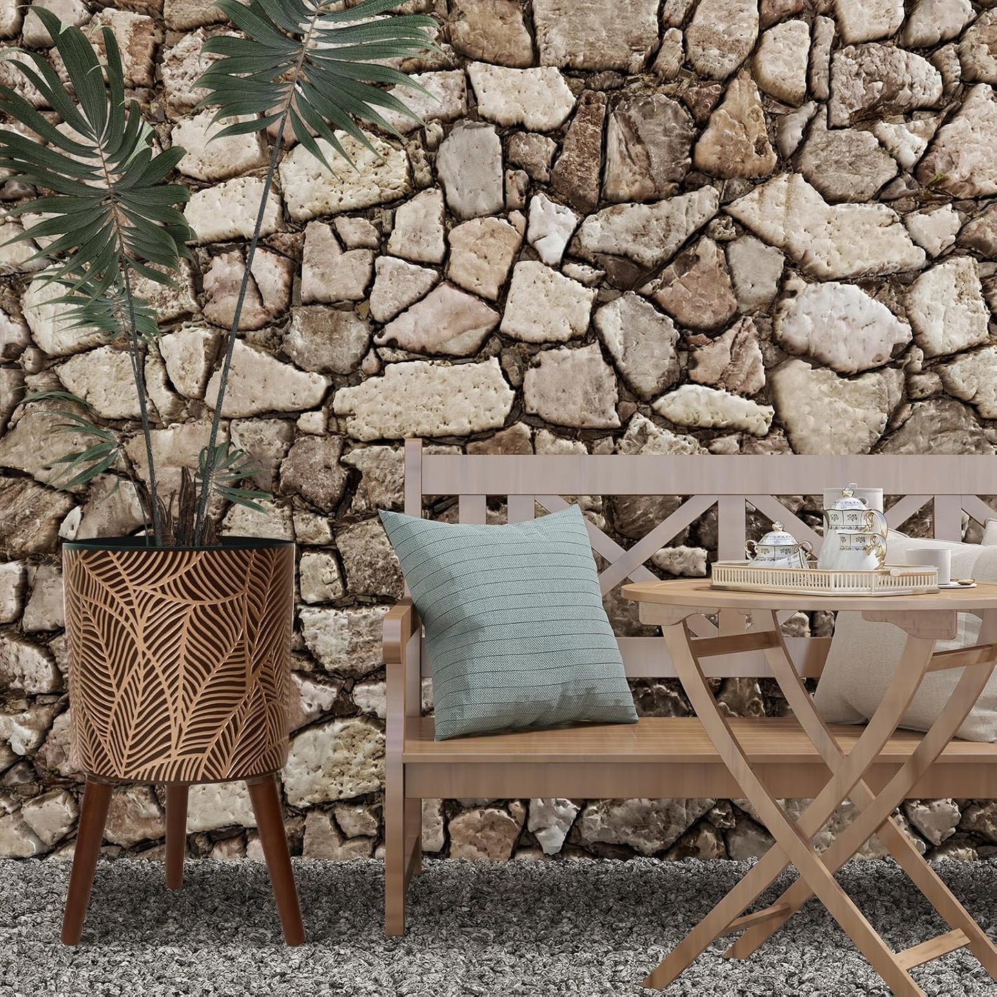 12inch Black Plant Pots for Indoor Plants Large Boho Flower Pot with Stand Modern Planters with Gold Floral Embossed Standing Planter with Drainage for Living Room, Office, Garden or Balcony