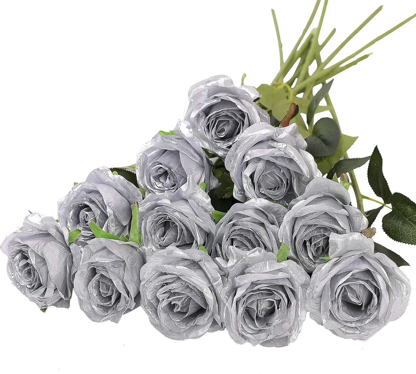 Hawesome 12PCS Artificial Silk Flowers Realistic Roses Bouquet Long Stem for Home Wedding Decoration Party (Silver 1)