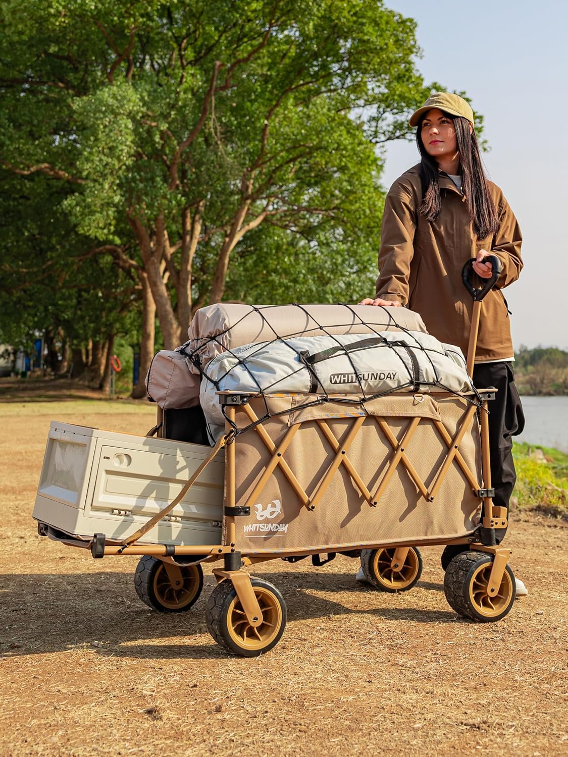 Whitsunday Collapsible Folding Wagon with Table,Heavy Duty Utility Beach Wagons with Opened Tailgate and All-Terrain Wheels for Camping,Garden,Sports Khaki