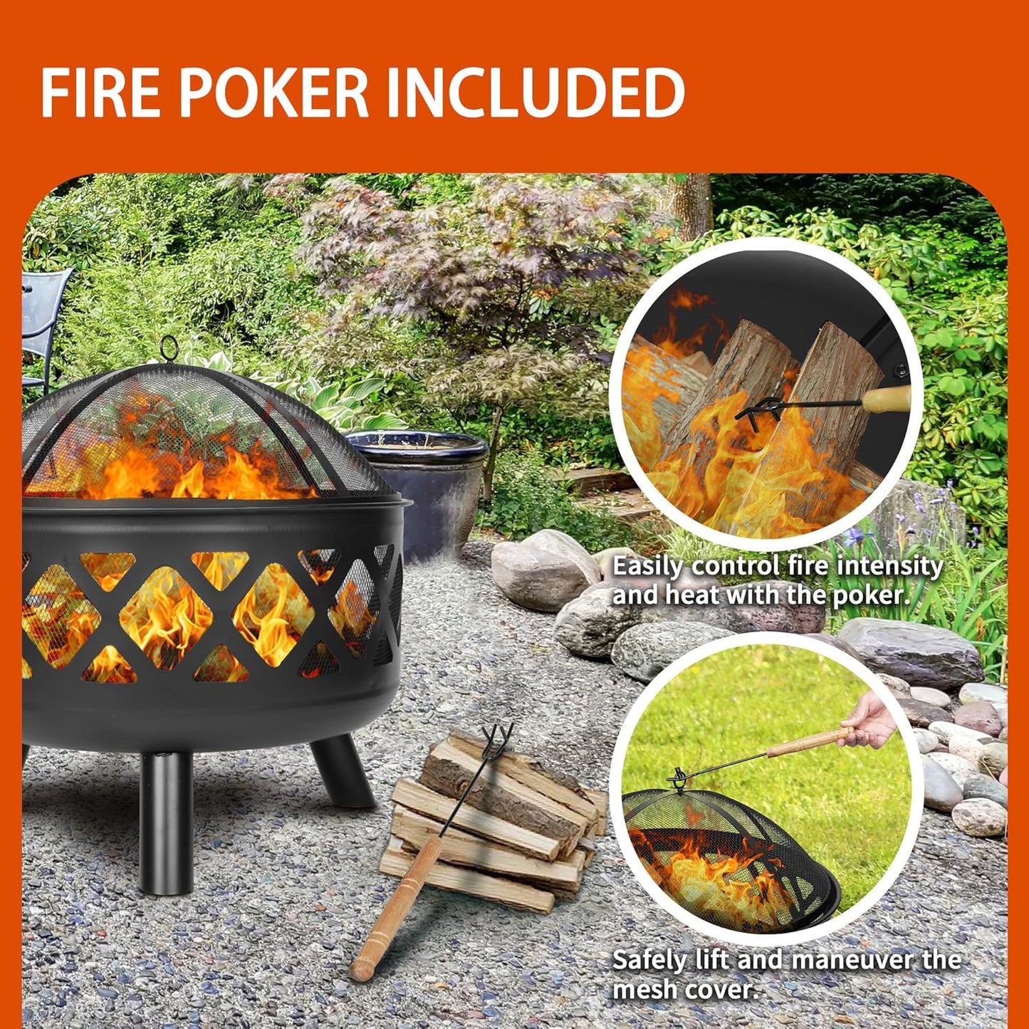 Red Mountain Valley 24'' Outdoor Wood Burning Fire Pit with Spark Screen, Fire Poker, Cover, 2-in-1 Functionality Cross-Woven Steel Fire Pits for Outside, Outdoor Fireplace for Camping,Patio,Backyard