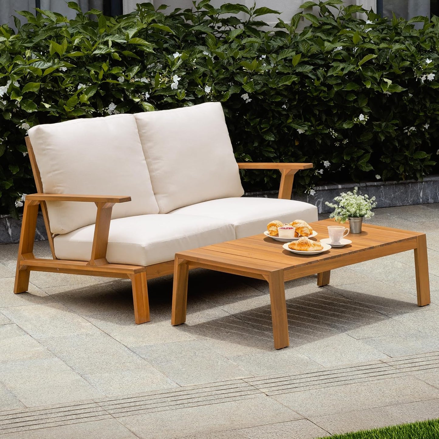 IDZO Jasper Solid Acacia Wood Loveseat Patio Set with Beige Cushions & Coffee Table – Modern Outdoor Furniture for Poolside, Garden, or Deck