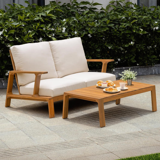 IDZO Jasper Solid Acacia Wood Loveseat Patio Set with Beige Cushions & Coffee Table – Modern Outdoor Furniture for Poolside, Garden, or Deck