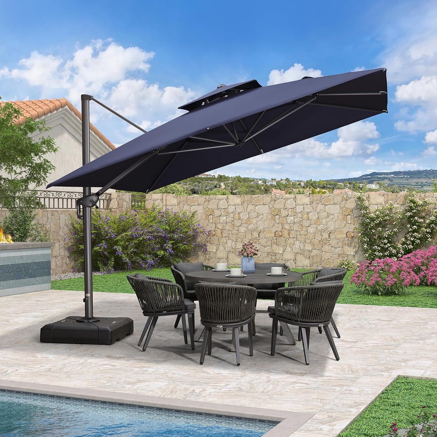 PURPLE LEAF 11ft Patio Umbrella with Base Included Large Offset Umbrella Hanging Double Top Square Cantilever Outdoor Umbrella for Garden Deck Backyard Pool Navy