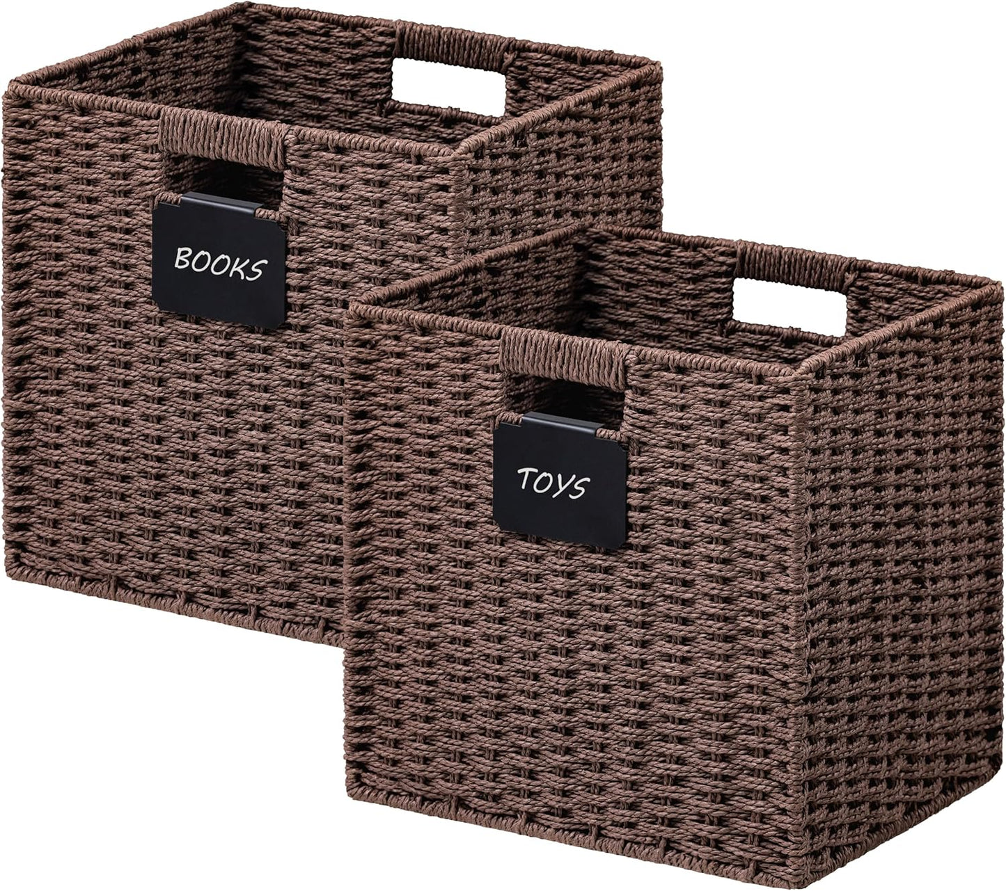 UBBCARE 2 Pack Wicker Basket, 12×12 Storage Cubes with Label, Foldable Cube Storage Bin with Handle, Square Storage Basket for Shelves, Woven Paper Rope Basket for Organizing, Brown