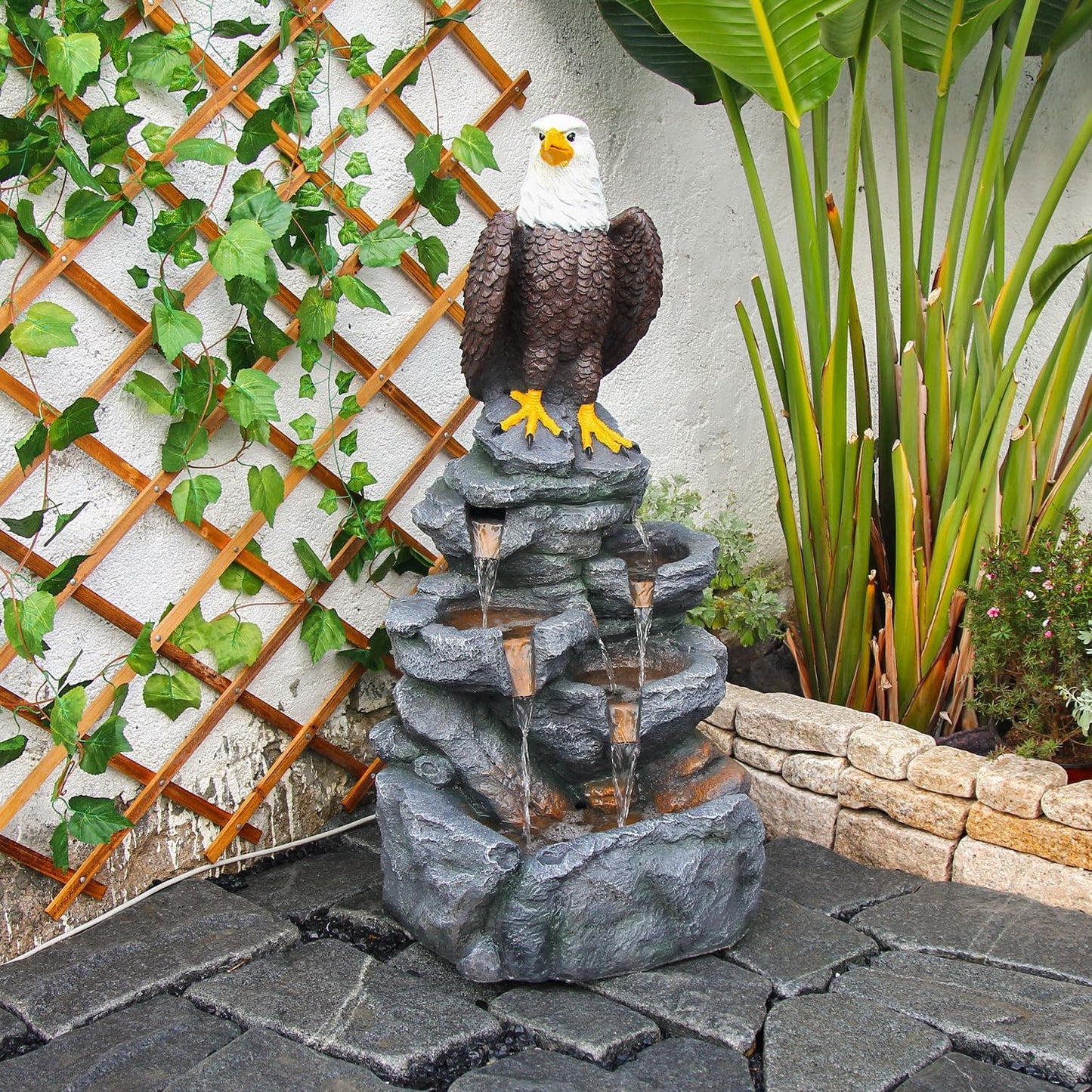 YZM Bald Eagle Statue Outdoor Fountain Tiered Cascading Rock Water Fountain Outdoor Garden Waterfall Decor for Garden Patio Backyard Deck Porch Outside Water Feature 39.76" H