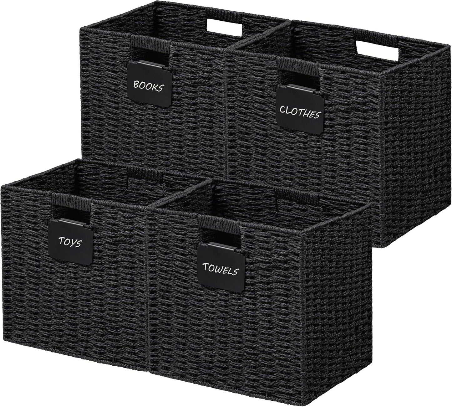 UBBCARE 4 Pack Wicker Basket, 13×13 Storage Cubes with Label, Foldable Cube Storage Bin with Handle, Square Storage Basket for Shelves, Woven Paper Rope Basket for Organizing, Black