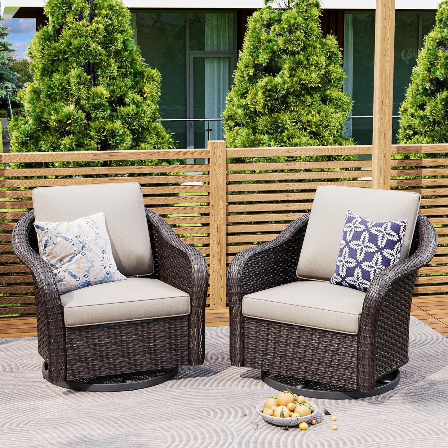 Outdoor Wicker 360 Degree Swivel Glider Rocker Chairs Set, Patio Conversation Furniture Set with Washable Cushions for Garden, Poolside (Beige)