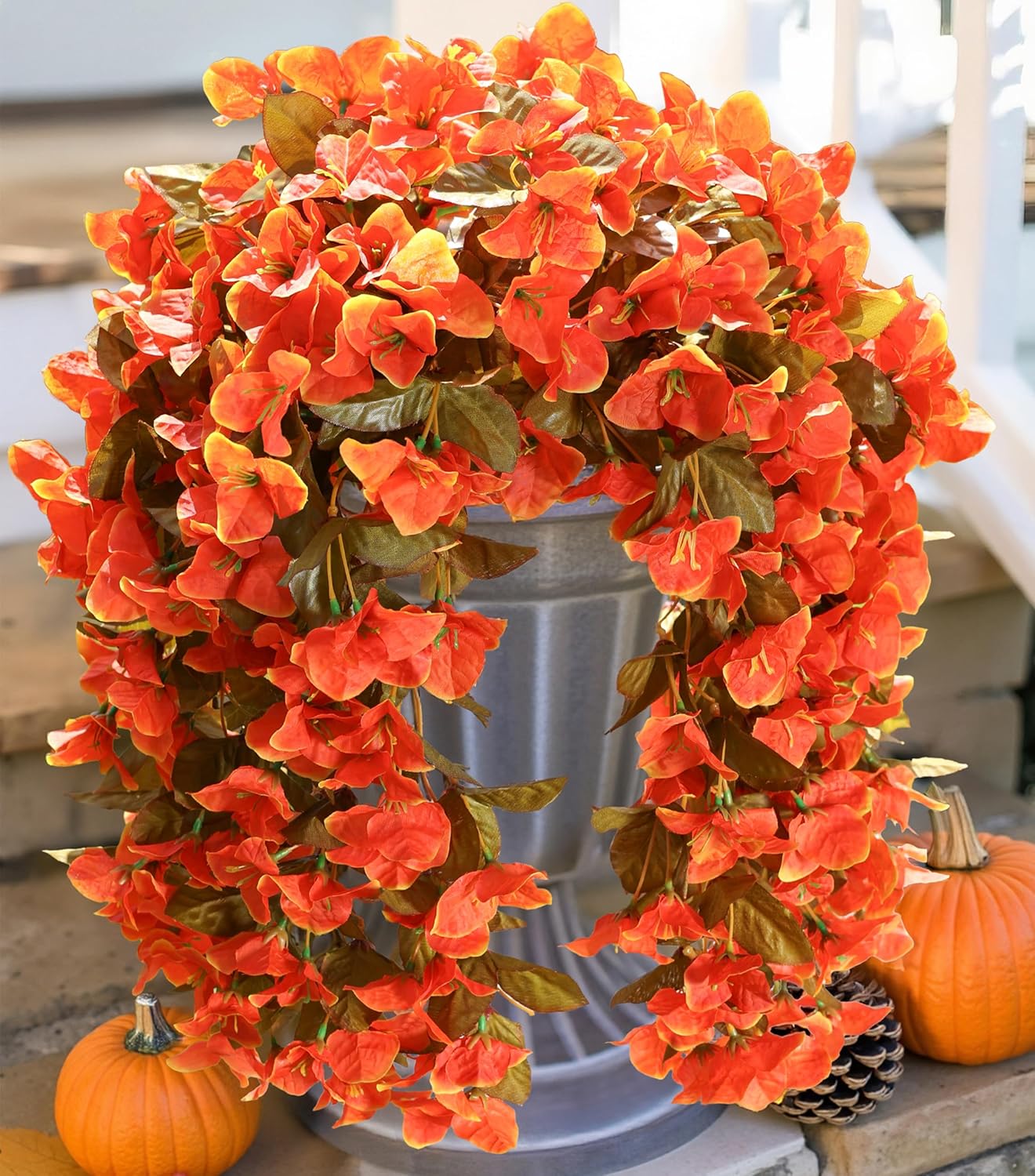 Bougainvillea Artificial Fall Hanging Flowers Plants for Outdoors Autumn Decoration, 2pcs Faux Bougainvillea Vines Orange Fake Flowers Realistic UV Resistant Silk Flowers for Outside Planter Yard Home